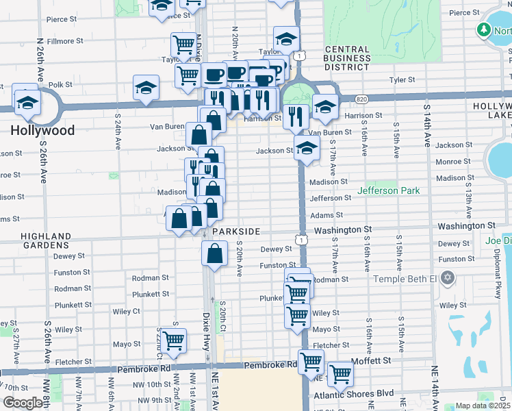 map of restaurants, bars, coffee shops, grocery stores, and more near 1948 Jefferson Street in Hollywood