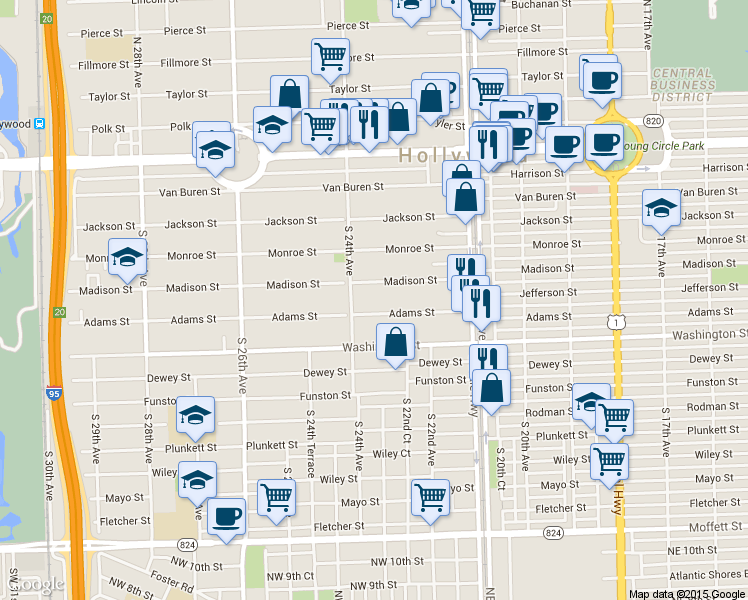 map of restaurants, bars, coffee shops, grocery stores, and more near 617 South 24th Avenue in Hollywood