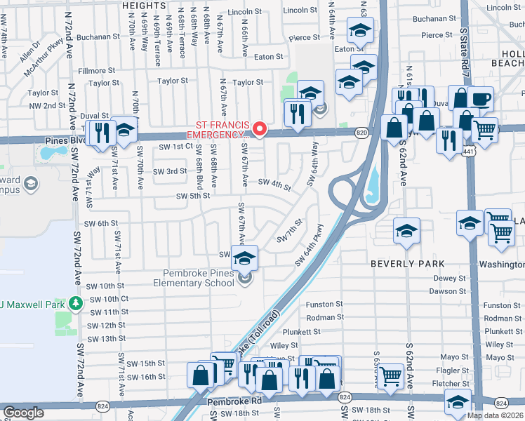 map of restaurants, bars, coffee shops, grocery stores, and more near 6610 Southwest 6th Street in Pembroke Pines