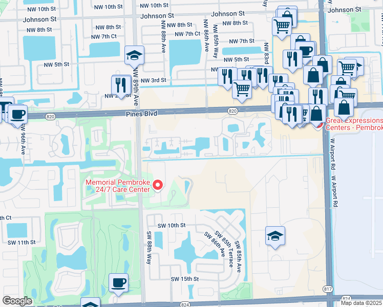 map of restaurants, bars, coffee shops, grocery stores, and more near 465 Southwest 86th Avenue in Pembroke Pines
