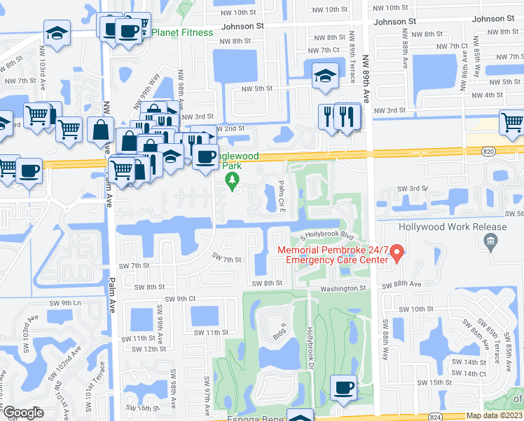 map of restaurants, bars, coffee shops, grocery stores, and more near 400 Palm Way in Pembroke Pines