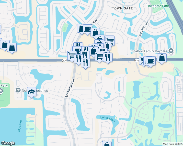 map of restaurants, bars, coffee shops, grocery stores, and more near 16000 Pines Boulevard in Pembroke Pines