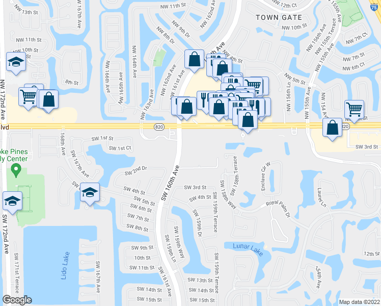 map of restaurants, bars, coffee shops, grocery stores, and more near 165 Southwest 160th Avenue in Pembroke Pines
