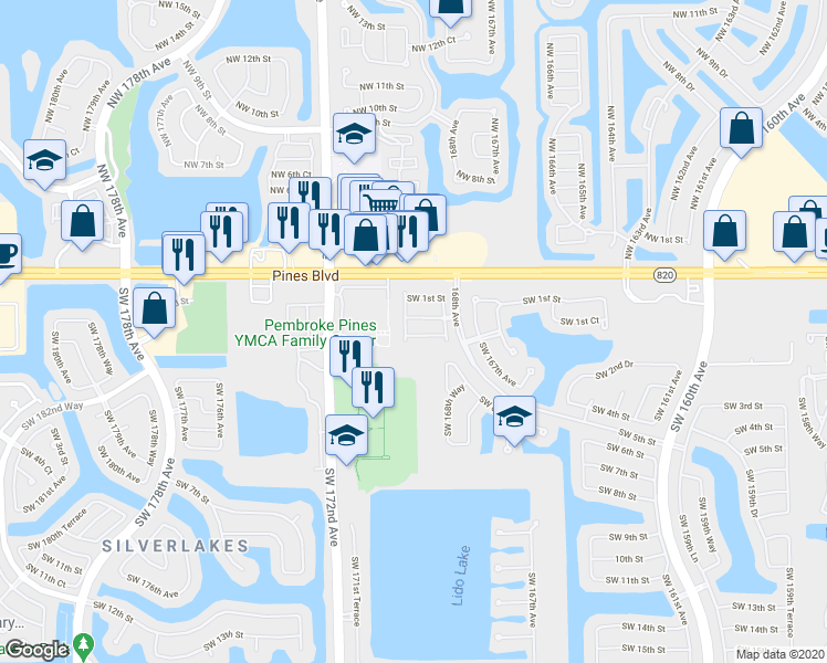 map of restaurants, bars, coffee shops, grocery stores, and more near 16869 Southwest 1st Manor in Pembroke Pines