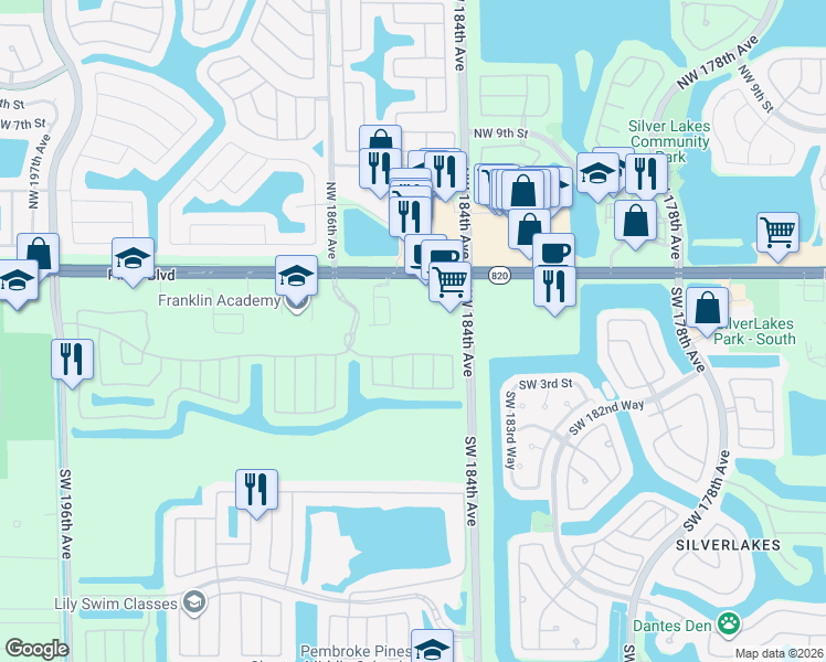 map of restaurants, bars, coffee shops, grocery stores, and more near 186 Southwest 185th Terrace in Pembroke Pines