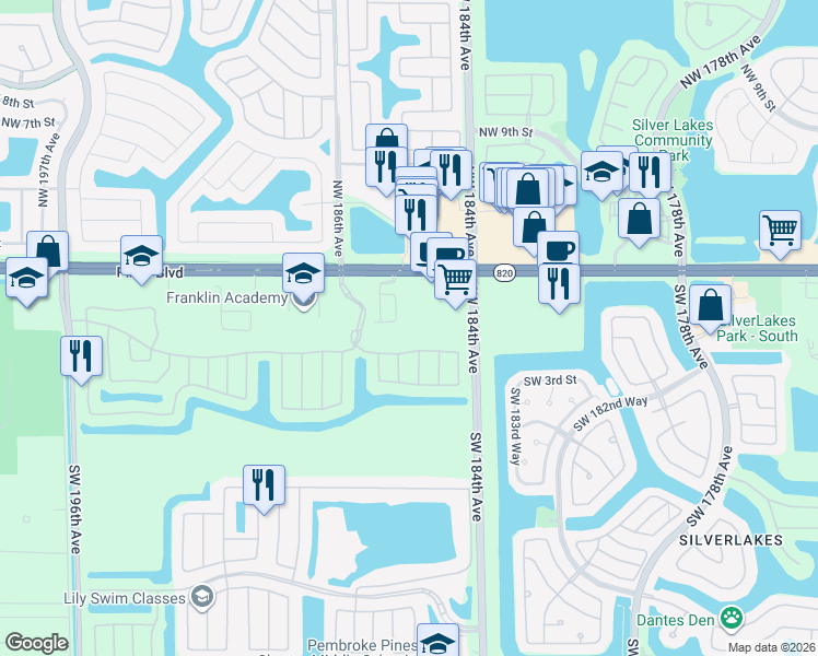 map of restaurants, bars, coffee shops, grocery stores, and more near 186 Southwest 185th Terrace in Pembroke Pines