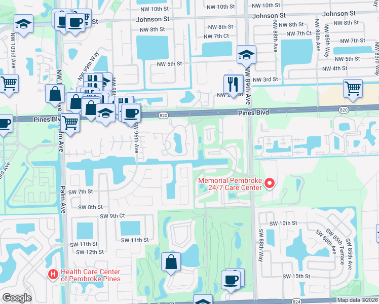 map of restaurants, bars, coffee shops, grocery stores, and more near 413 Palm Circle East in Pembroke Pines