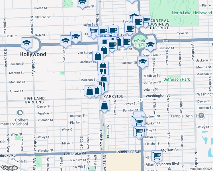 map of restaurants, bars, coffee shops, grocery stores, and more near 2034 Jefferson Street in Hollywood