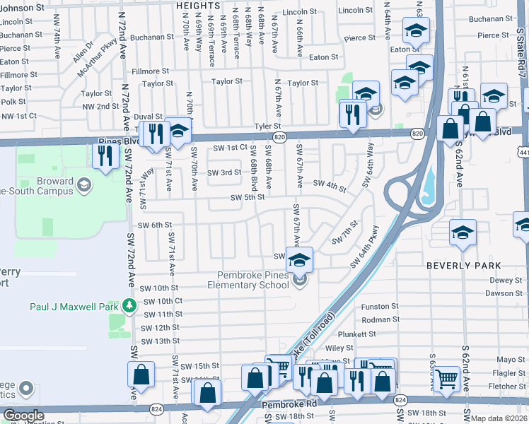 map of restaurants, bars, coffee shops, grocery stores, and more near 6750 Southwest 6th Street in Pembroke Pines