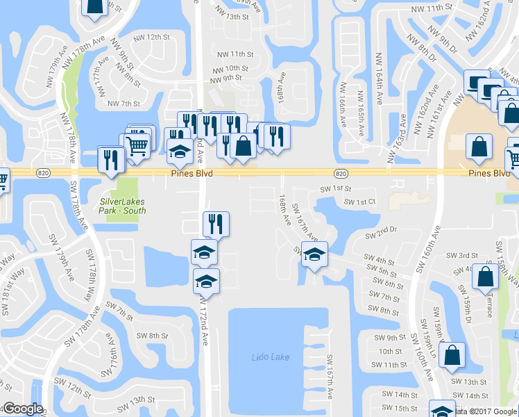 map of restaurants, bars, coffee shops, grocery stores, and more near 16869 Southwest 1st Manor in Pembroke Pines