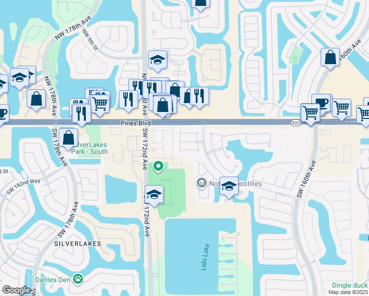 map of restaurants, bars, coffee shops, grocery stores, and more near 16869 Southwest 1st Manor in Pembroke Pines