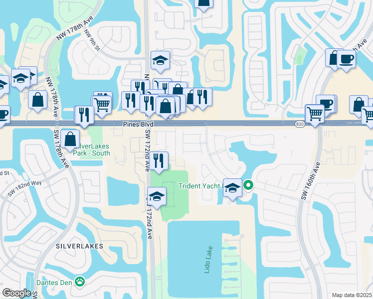 map of restaurants, bars, coffee shops, grocery stores, and more near 16889 Southwest 1st Manor in Pembroke Pines