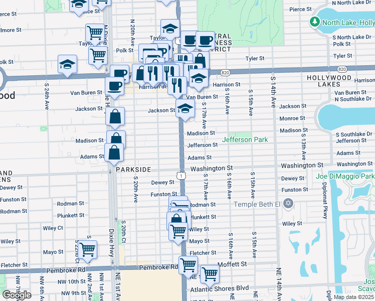 map of restaurants, bars, coffee shops, grocery stores, and more near 1736 Jefferson Street in Hollywood
