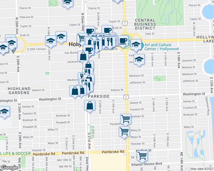 map of restaurants, bars, coffee shops, grocery stores, and more near 1948 Jefferson Street in Hollywood