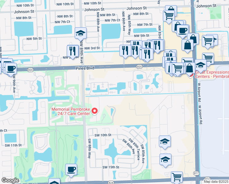 map of restaurants, bars, coffee shops, grocery stores, and more near 465 Southwest 86th Avenue in Pembroke Pines
