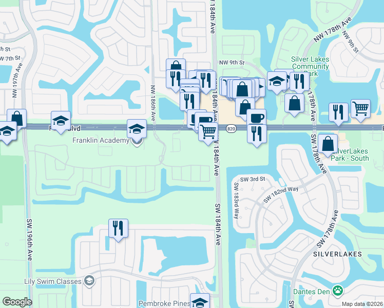 map of restaurants, bars, coffee shops, grocery stores, and more near 18460 Pines Boulevard in Pembroke Pines