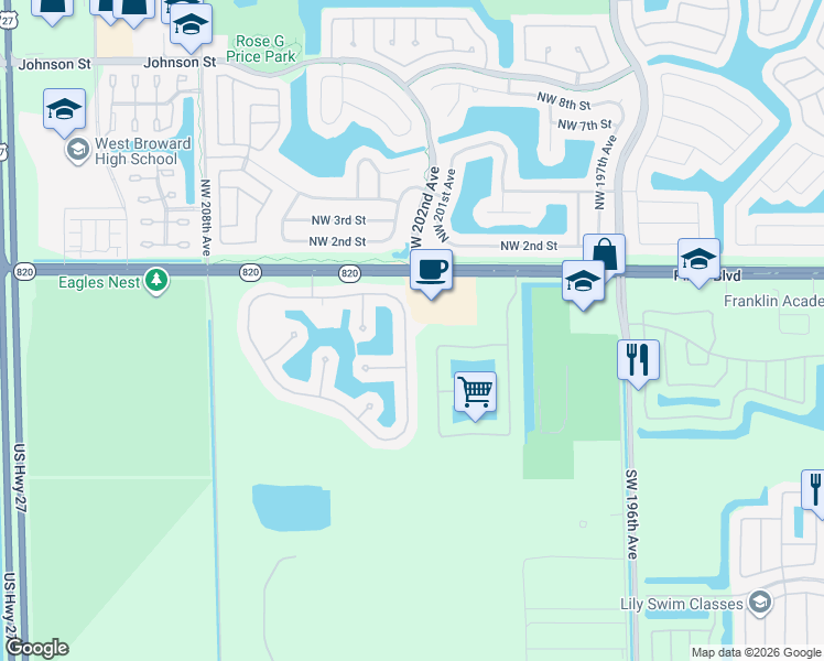 map of restaurants, bars, coffee shops, grocery stores, and more near 191 Southwest 203rd Avenue in Pembroke Pines