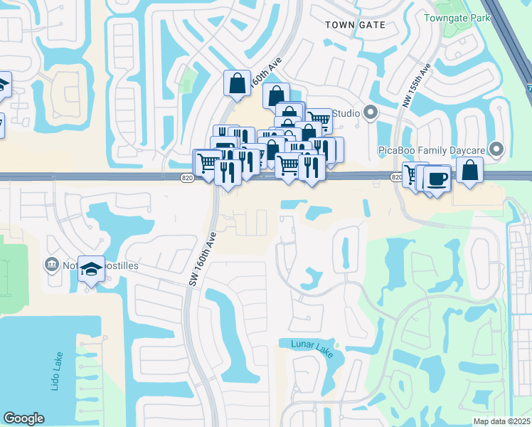 map of restaurants, bars, coffee shops, grocery stores, and more near 16000 Pines Boulevard in Pembroke Pines