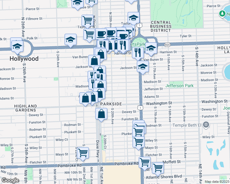 map of restaurants, bars, coffee shops, grocery stores, and more near 1948 Jefferson Street in Hollywood