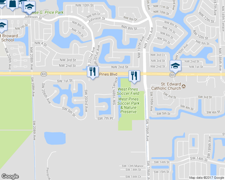 map of restaurants, bars, coffee shops, grocery stores, and more near 250 Southwest 198th Terrace in Pembroke Pines