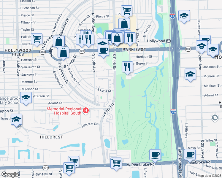 map of restaurants, bars, coffee shops, grocery stores, and more near 620 South Park Road in Hollywood