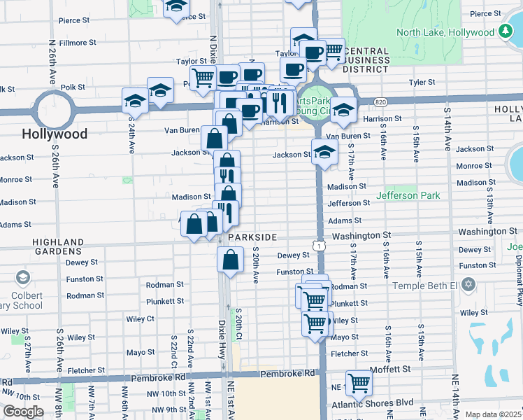 map of restaurants, bars, coffee shops, grocery stores, and more near 1948 Jefferson Street in Hollywood