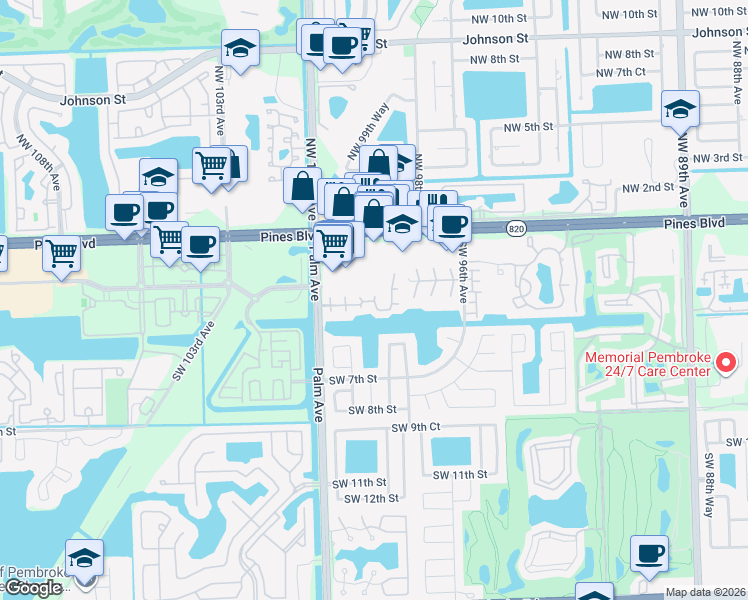 map of restaurants, bars, coffee shops, grocery stores, and more near 311 Southwest 3rd Court in Pembroke Pines