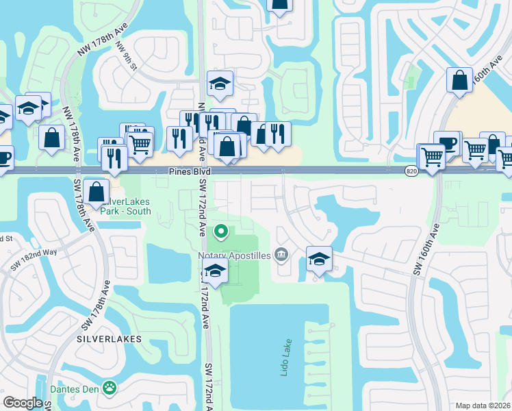 map of restaurants, bars, coffee shops, grocery stores, and more near 16869 Southwest 1st Manor in Pembroke Pines