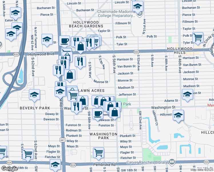 map of restaurants, bars, coffee shops, grocery stores, and more near 5625 Madison Street in Hollywood