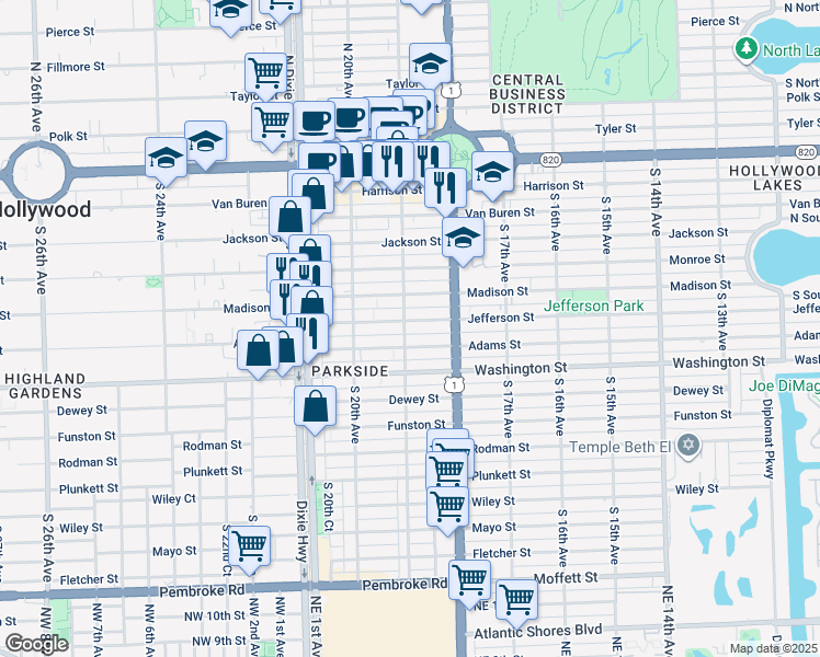 map of restaurants, bars, coffee shops, grocery stores, and more near 706 South 19th Avenue in Hollywood