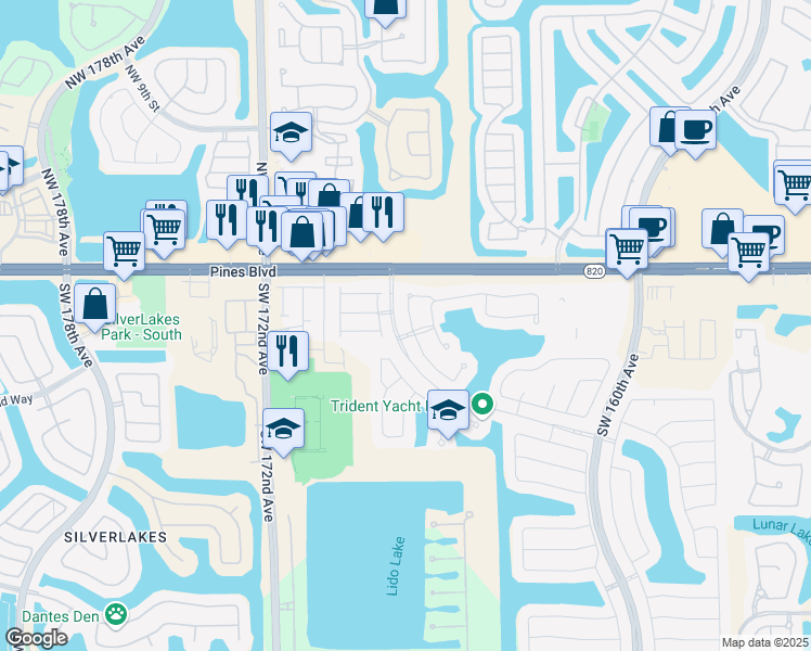 map of restaurants, bars, coffee shops, grocery stores, and more near 180 Southwest 167th Avenue in Pembroke Pines