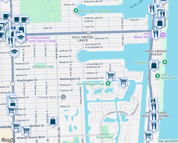 map of restaurants, bars, coffee shops, grocery stores, and more near 1117 Adams Street in Hollywood