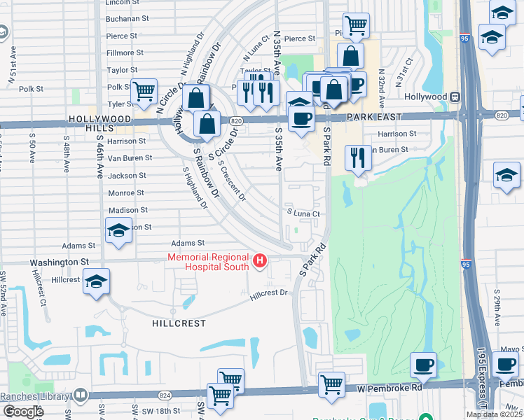 map of restaurants, bars, coffee shops, grocery stores, and more near 617 South Crescent Drive in Hollywood