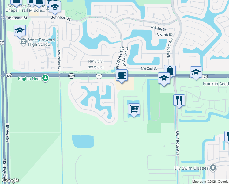map of restaurants, bars, coffee shops, grocery stores, and more near 191 Southwest 203rd Avenue in Pembroke Pines