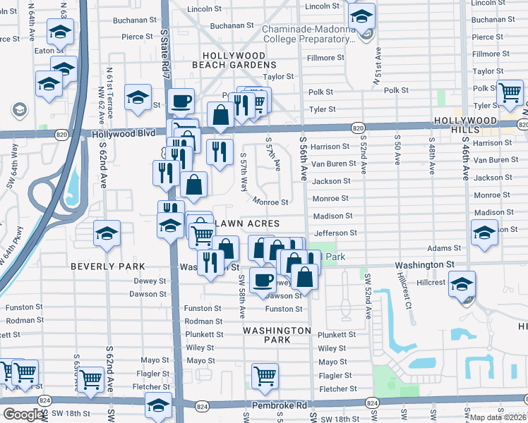 map of restaurants, bars, coffee shops, grocery stores, and more near 510 South 57th Terrace in Hollywood