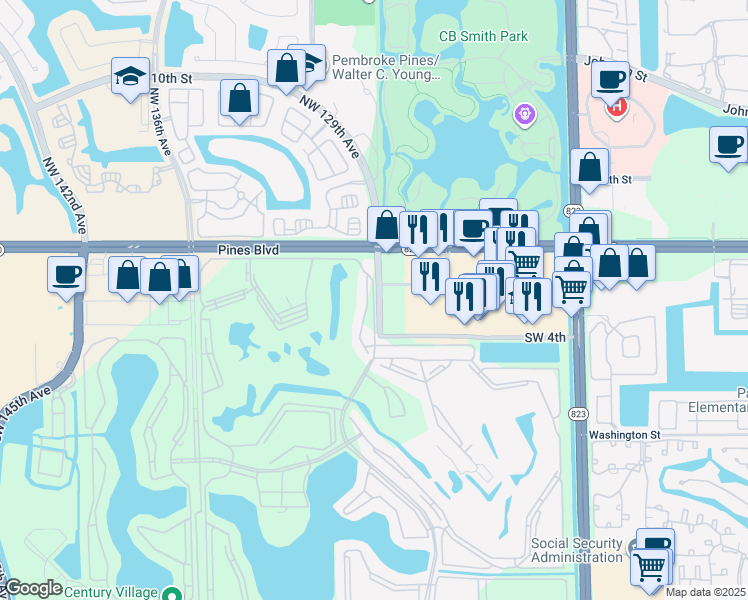 map of restaurants, bars, coffee shops, grocery stores, and more near 1 Southwest 129th Avenue in Pembroke Pines