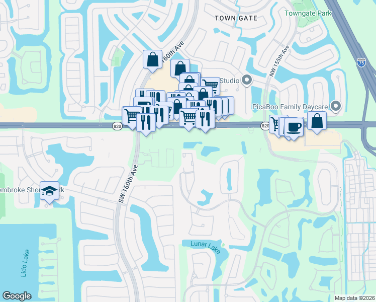 map of restaurants, bars, coffee shops, grocery stores, and more near 15875 Southwest 3rd Street in Pembroke Pines