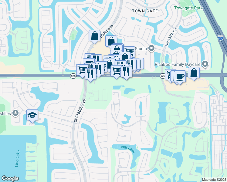 map of restaurants, bars, coffee shops, grocery stores, and more near 1673 Southwest 158th Terrace in Pembroke Pines