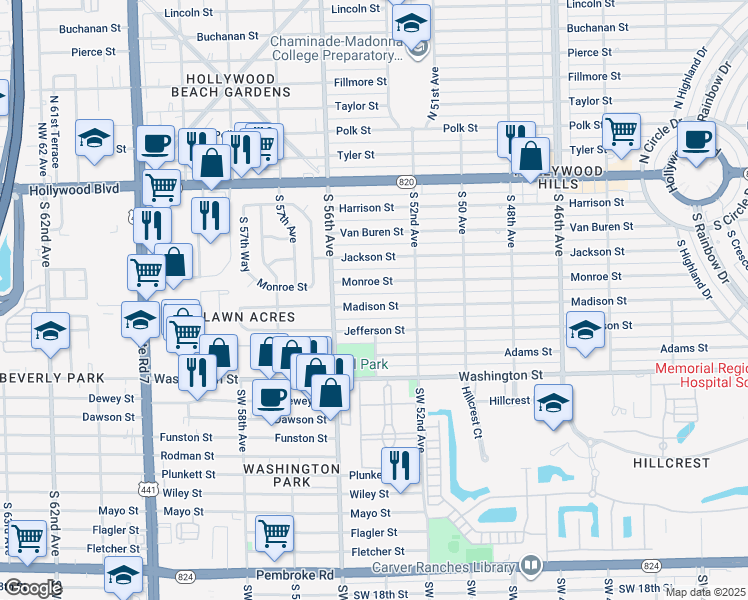 map of restaurants, bars, coffee shops, grocery stores, and more near 5401 Madison Street in Hollywood