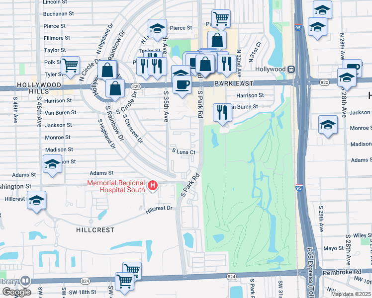 map of restaurants, bars, coffee shops, grocery stores, and more near 620 South Park Road in Hollywood
