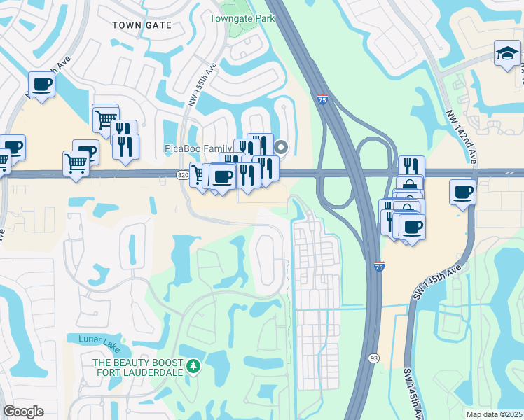 map of restaurants, bars, coffee shops, grocery stores, and more near 100 Southwest 4th Street in Pembroke Pines