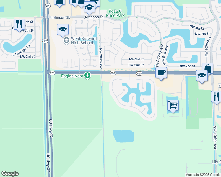 map of restaurants, bars, coffee shops, grocery stores, and more near 142 Southwest 206th Avenue in Pembroke Pines