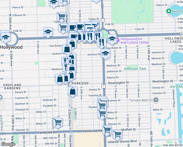 map of restaurants, bars, coffee shops, grocery stores, and more near 706 South 19th Avenue in Hollywood