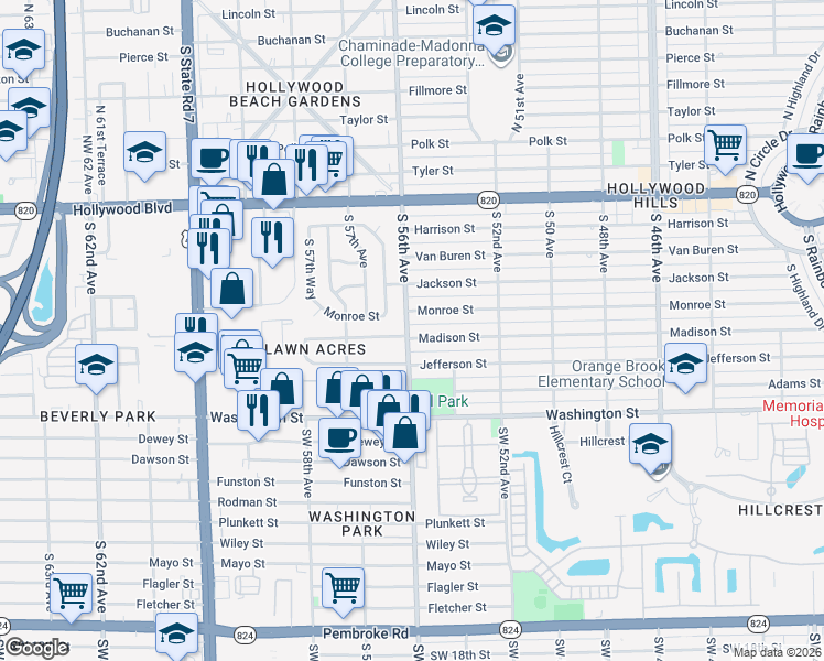 map of restaurants, bars, coffee shops, grocery stores, and more near 5523 Madison Street in Hollywood