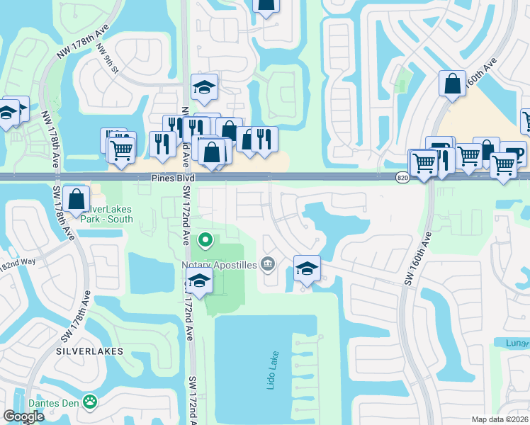 map of restaurants, bars, coffee shops, grocery stores, and more near 143 Southwest 168th Terrace in Pembroke Pines