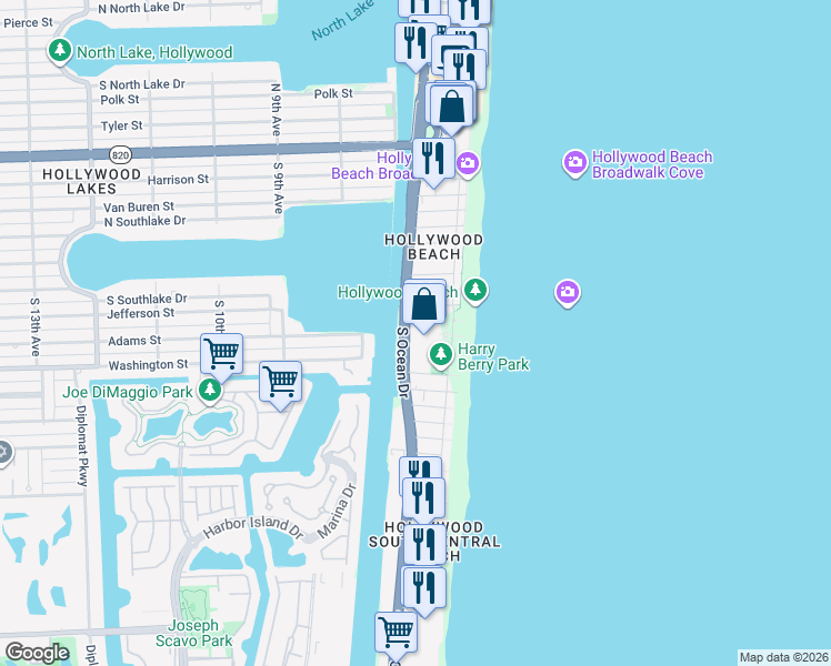map of restaurants, bars, coffee shops, grocery stores, and more near 1201 South Ocean Drive in Hollywood