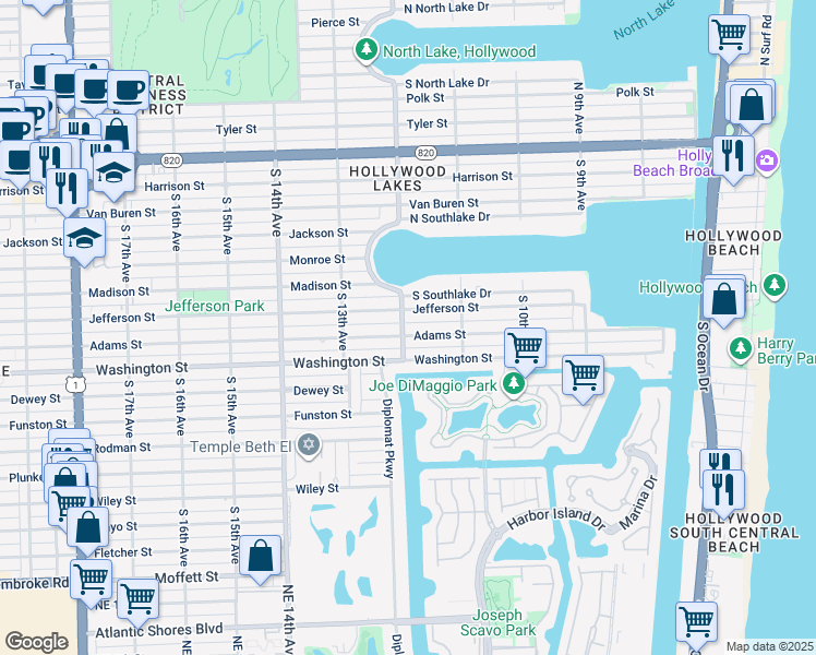 map of restaurants, bars, coffee shops, grocery stores, and more near 725 South 12th Avenue in Hollywood