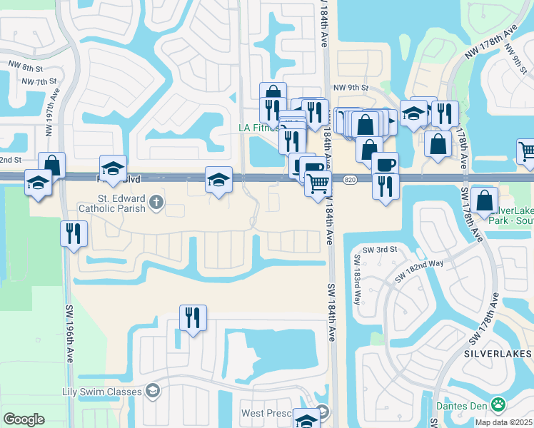 map of restaurants, bars, coffee shops, grocery stores, and more near 18546 Southwest 2nd Street in Pembroke Pines