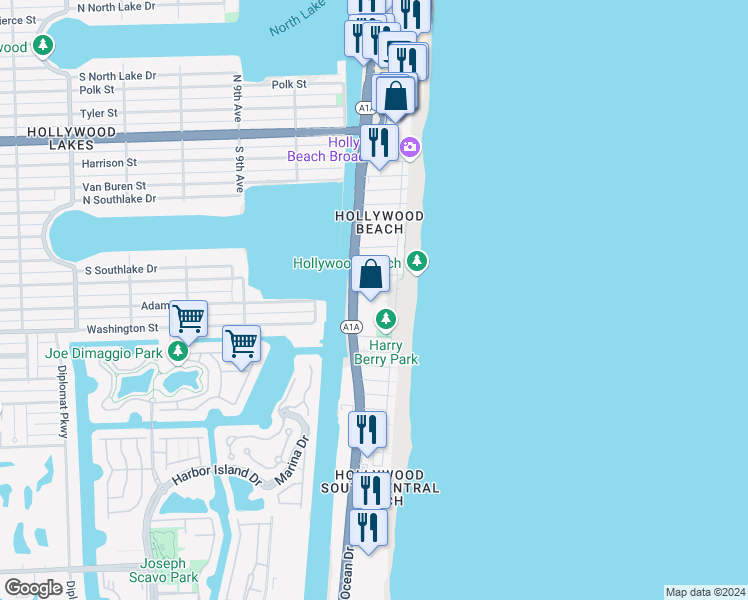 map of restaurants, bars, coffee shops, grocery stores, and more near 1201 South Ocean Drive in Hollywood