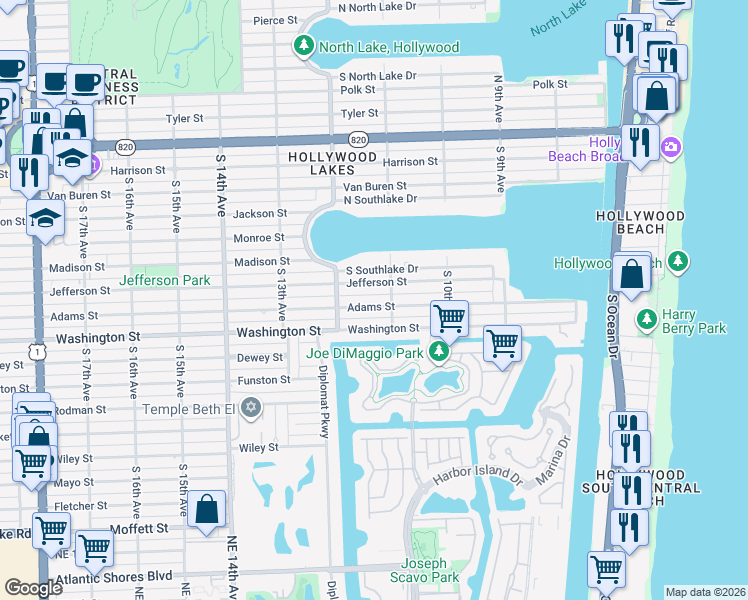 map of restaurants, bars, coffee shops, grocery stores, and more near 1117 Adams Street in Hollywood